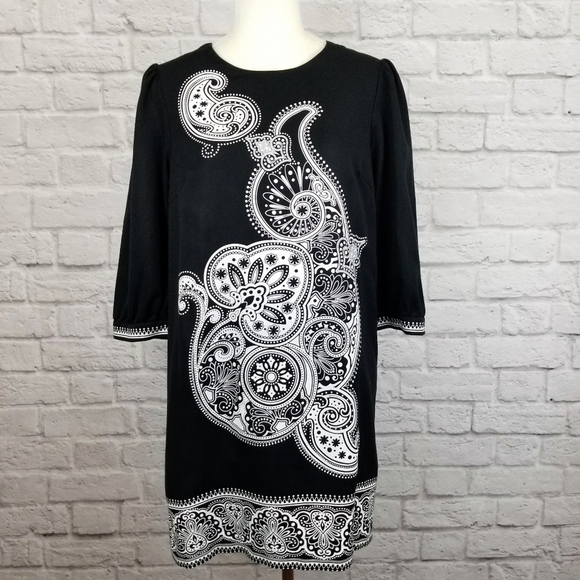Tibi black white paisley print shift style 3/4 sleeve mini dress women's size 10 - Picture 3 of 9